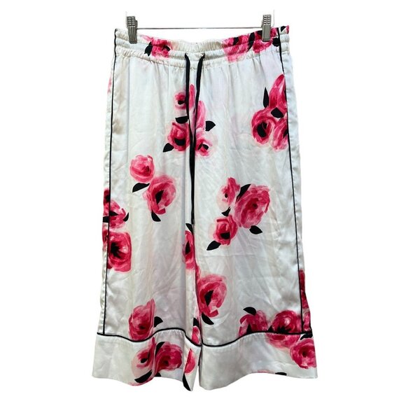 Kate Spade Floral Charmeuse Satin Pants Pink Roses White Women Medium - Picture 1 of 7